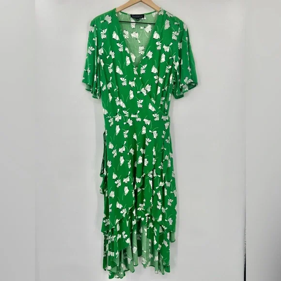 Eloquii Green Floral Print Layered Plus Size Wrap Dress 14 - Picture 4 of 13